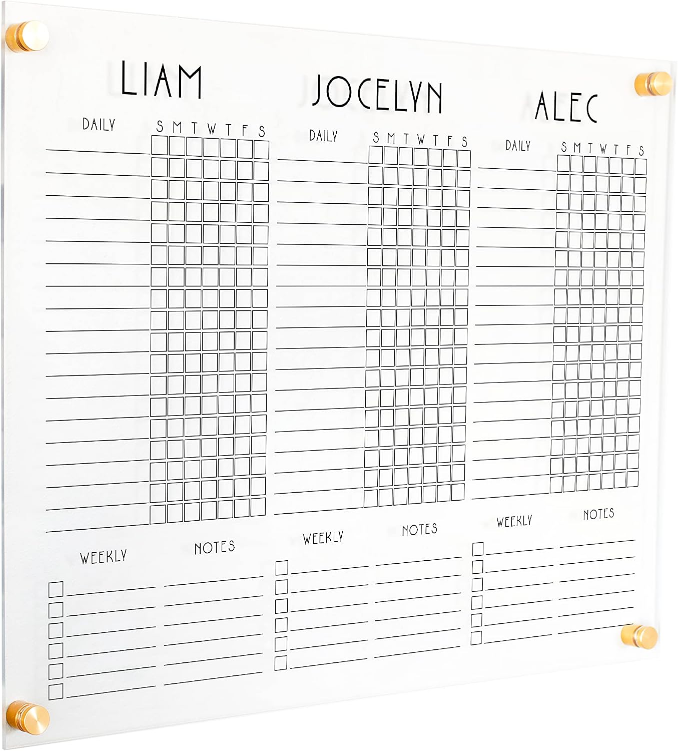 Horizontal Three-Child Clear Acrylic Chore Chart with Custom Sections (23' W x 18.5' H, Champagne Gold Standoffs)