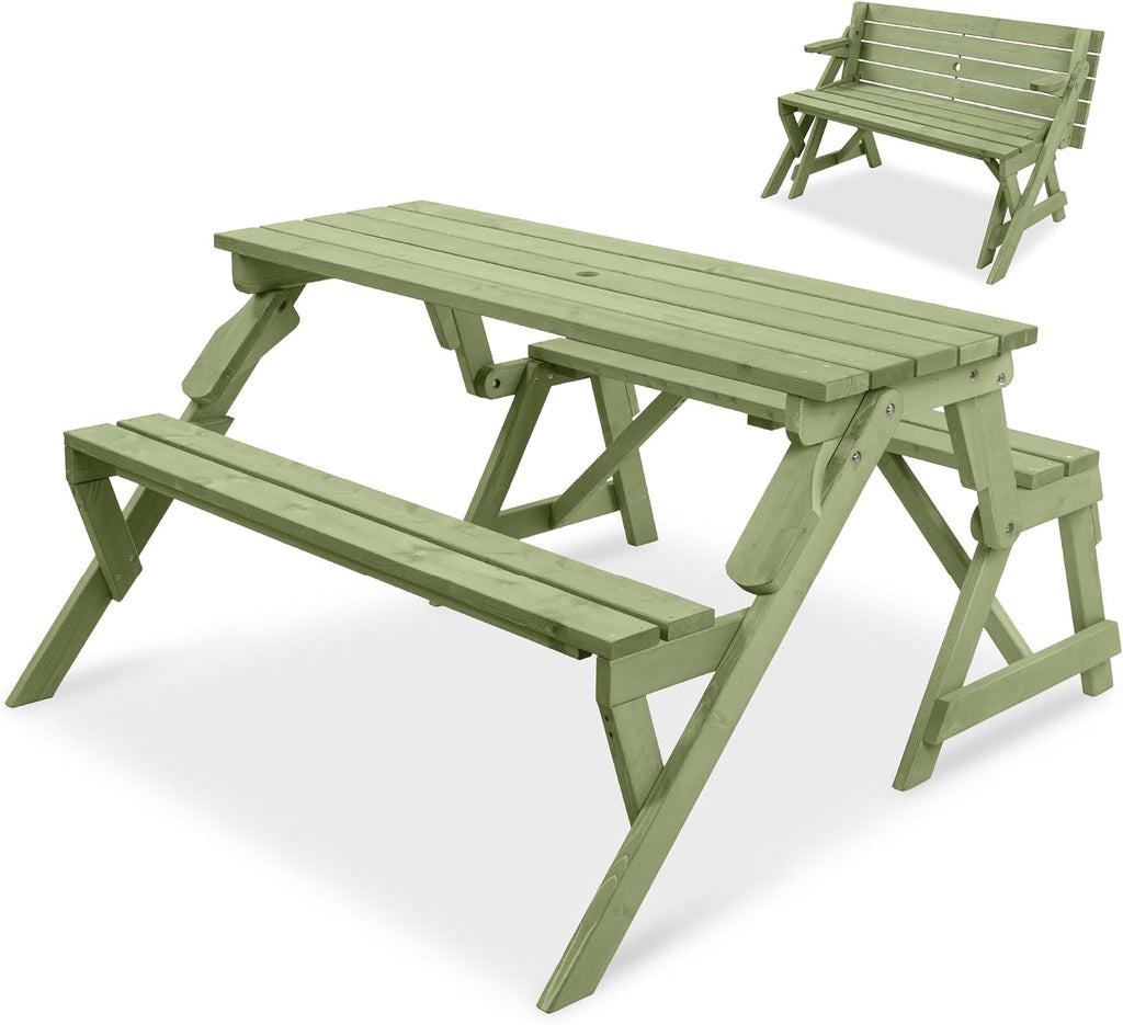 Best Choice Products 2-in-1 Transforming Interchangeable Outdoor Wooden Picnic Table Garden Bench for Backyard, Porch, Patio, Deck w/Umbrella Hole - Sage Green