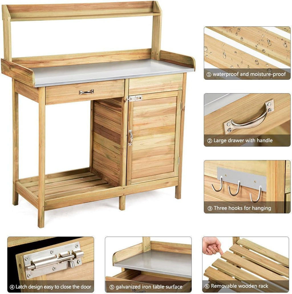 Outdoor Potting Bench Garden Wooden Work Station Metal Tabletop Cabinet Drawer