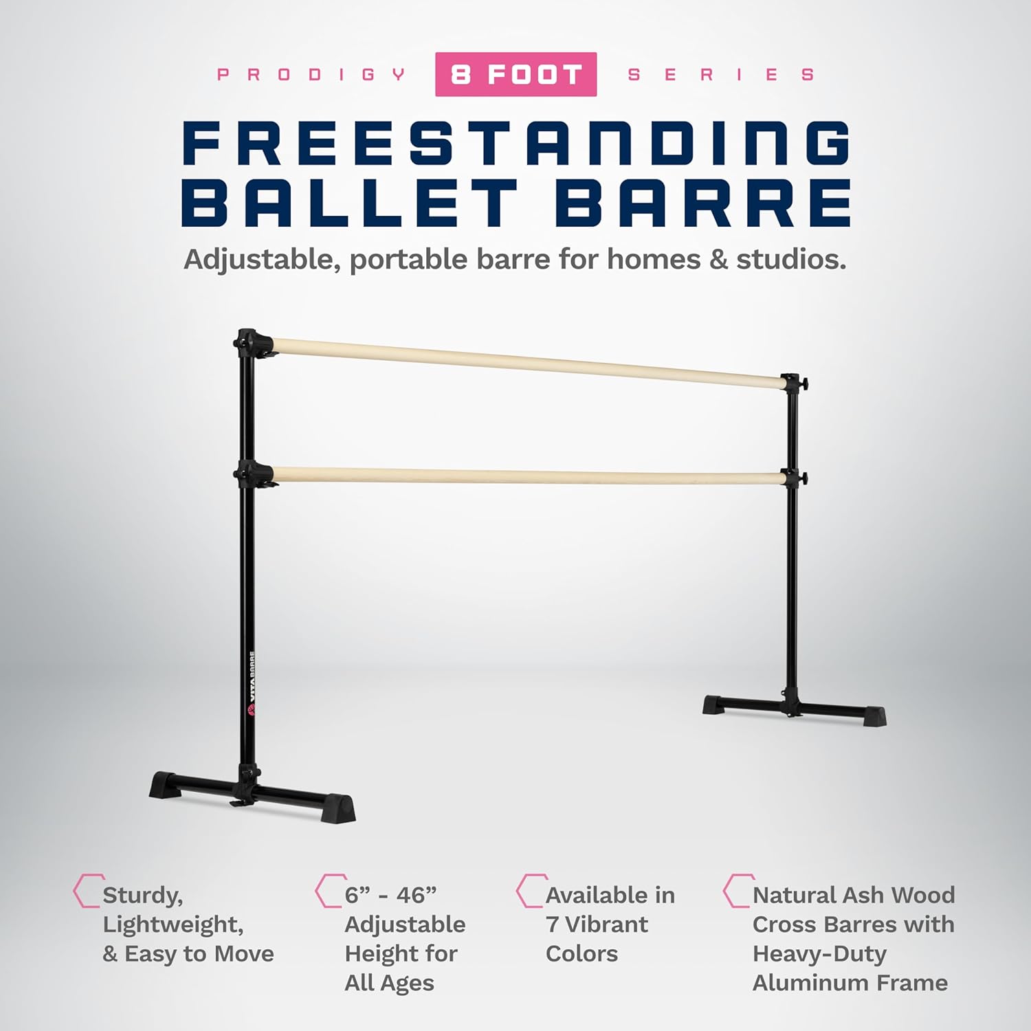 VITA Barre Portable Freestanding Double Ballet Barre, Prodigy, Wood | Adjustable Height, USA Made, Home or Gym Exercise Equipment for Kids & Adults | Dance, Fitness, Pilates