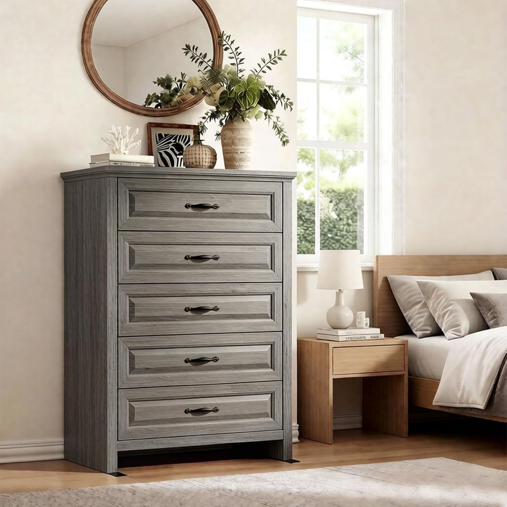 Pipishell Grey 5 Drawers Dresser Chests for Bedroom, 42.7 Inch Tall Wooden Dresser, Farmhouse Storgae Organizer with Large Drawers & Bar Handles for Bedroom, Entryway, Hallway, Grey