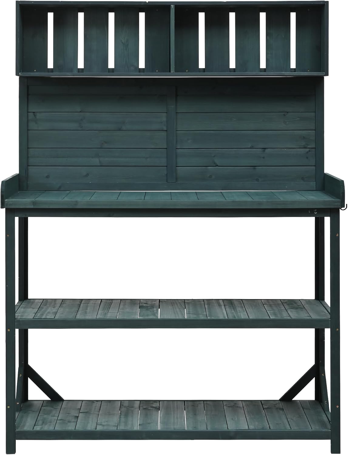 Farmhouse Outdoor Garden Potting Bench Table, Wood Large Patio Workstation, Potting Bench with 4 Storage Shelves and Side Hook for Patio, Backyard and Porch (Forest Green, 65')