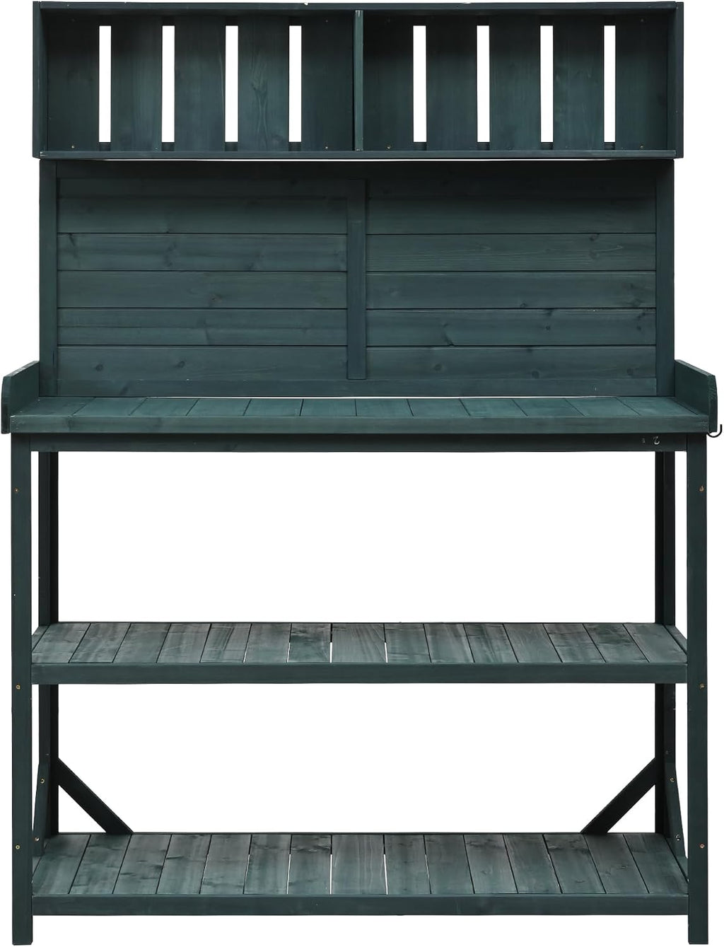 Wooden Potting Bench Table, Farmhouse Rustic Outdoor Storage Bench, Garden Work Bench with 4 Storage Shelves & Side Hook, Outdoor Gardening Table & Work Bench for Plants (Dark Green)