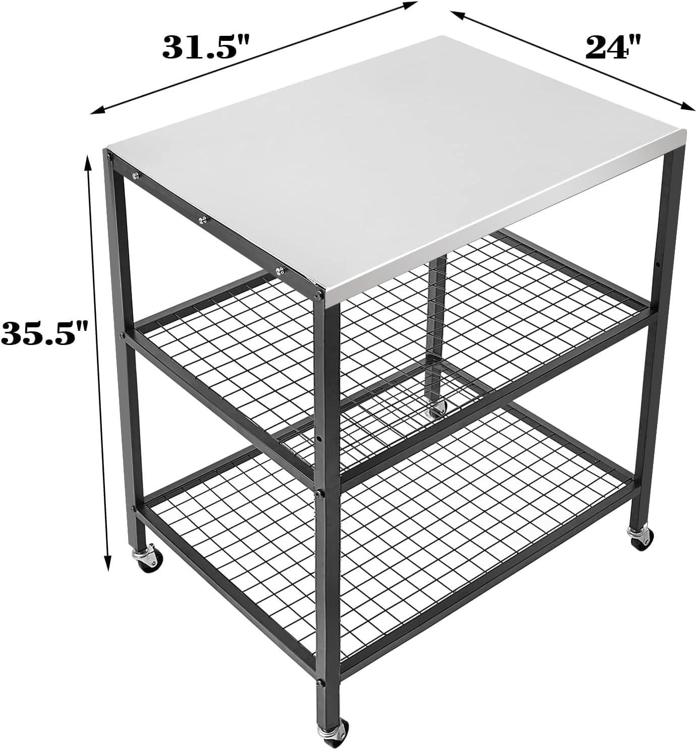 Stainless Steel Outdoor Grill Cart Pizza Oven Stand Trolley Table with Wheels Three-Shelf Movable Food Prep and Work Table Heavy Duty Grill Carts Outdoor Cart 31.5'×24'×35.5'