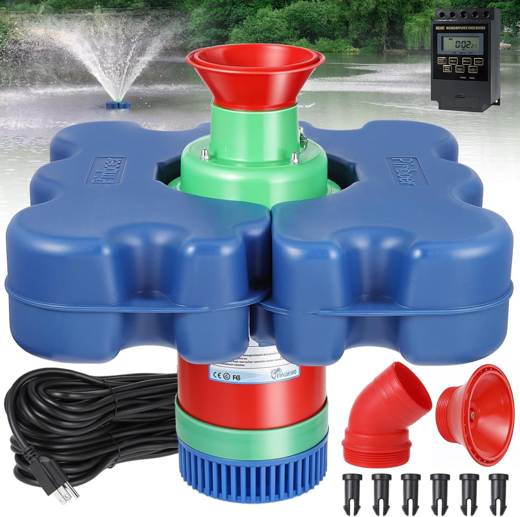 Pond Fountain Aerator with Time Controller-15000 GPH,110V 1HP 750W Floating Fountain Aeration System for Large Ponds,Aerating Fountain Pump for Outdoor Ponds & Lakes with 15A/100FT Power Cord