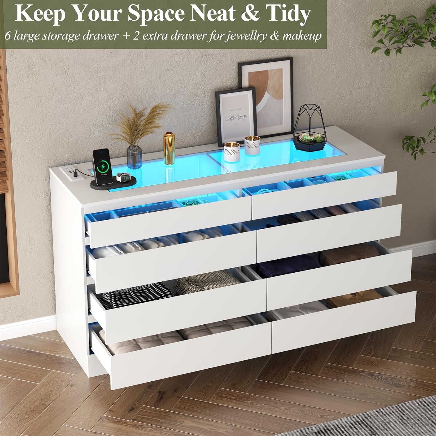 Gyfimoie 8 Drawer Dresser with Power Outlet, White Dresser for Bedroom Chest of Drawer with Glass Top & LED Light, Modern Double Wide Drawer Organizer Cabinet for Living Room (White)