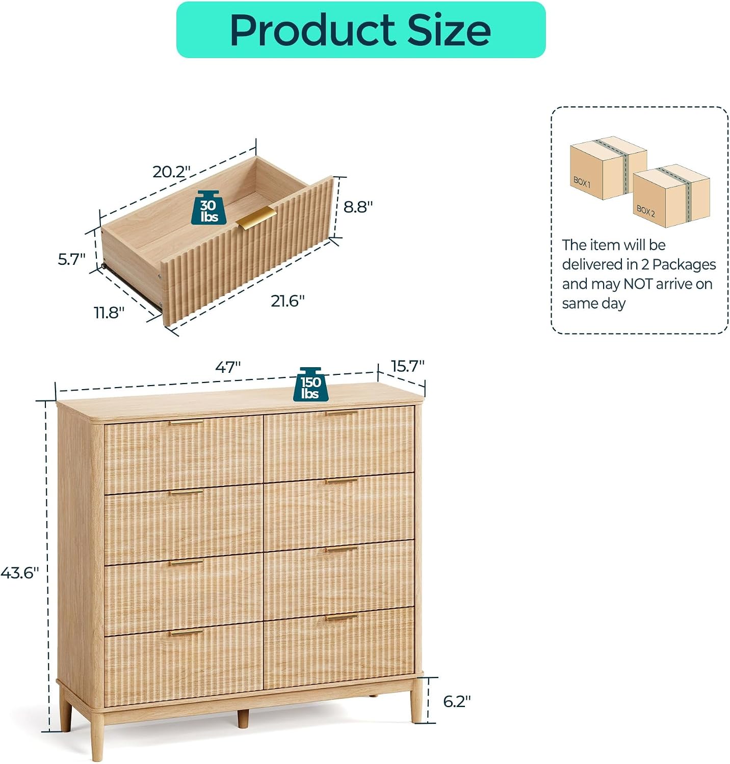 LINSY Fluted Dresser for Bedroom with 8 Drawers, Mid Century Modern Chest of Drawers with Gold Metal Handles, Wide Boho Wood Dressers, Large Farmhouse Storage Cabinet for Bedroom, Living Room, Oak