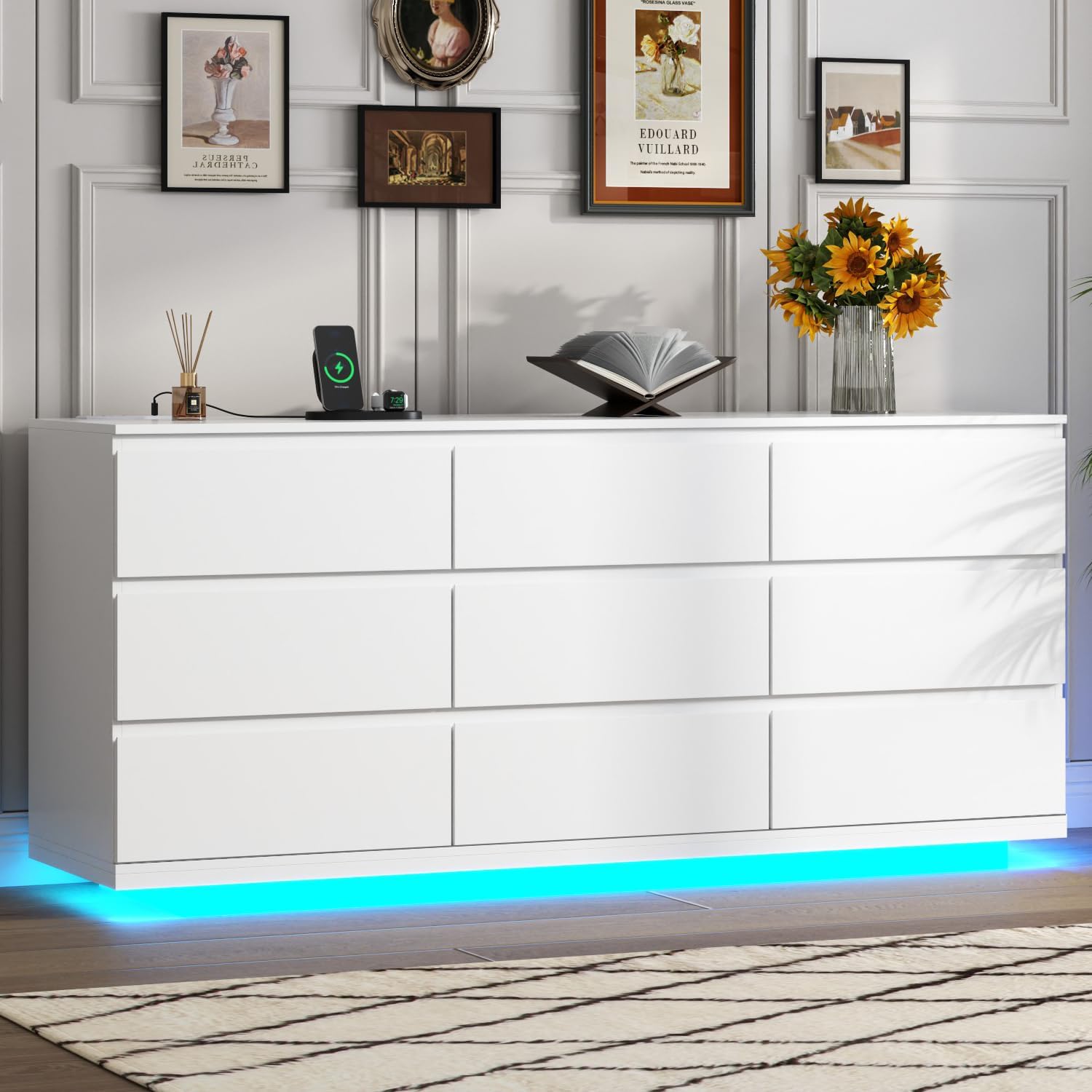 Gyfimoie 9 Drawer Dresser with Power Outlet and LED Lighting, Floating White Dresser Chest of Drawers, The Modern Organizer for Bedroom & Living Room (White)