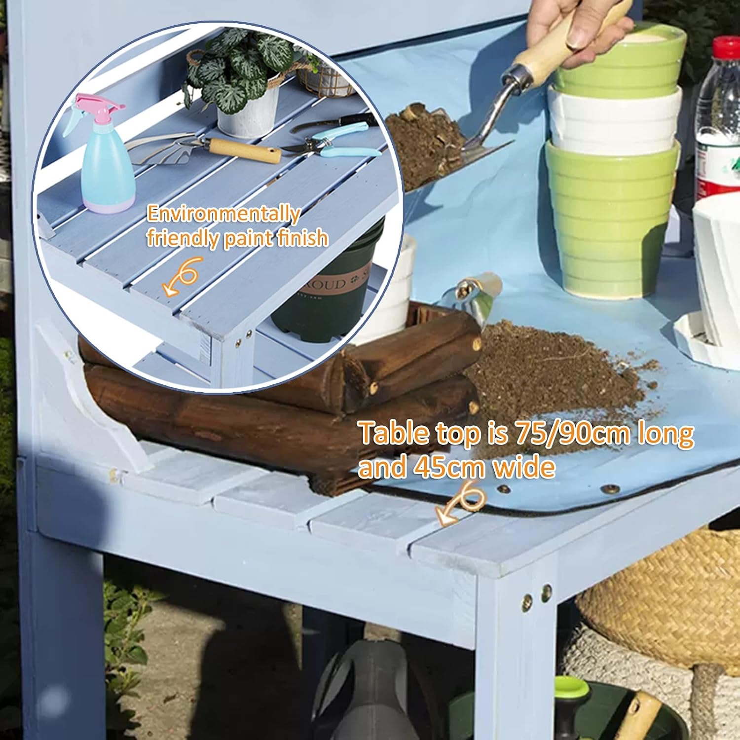 Potting Bench Garden Table for Outdoors Solid Wooden Work Station Gardening Bench Potting Table with Hooks (Color : White, Size : 90x45x165cm)