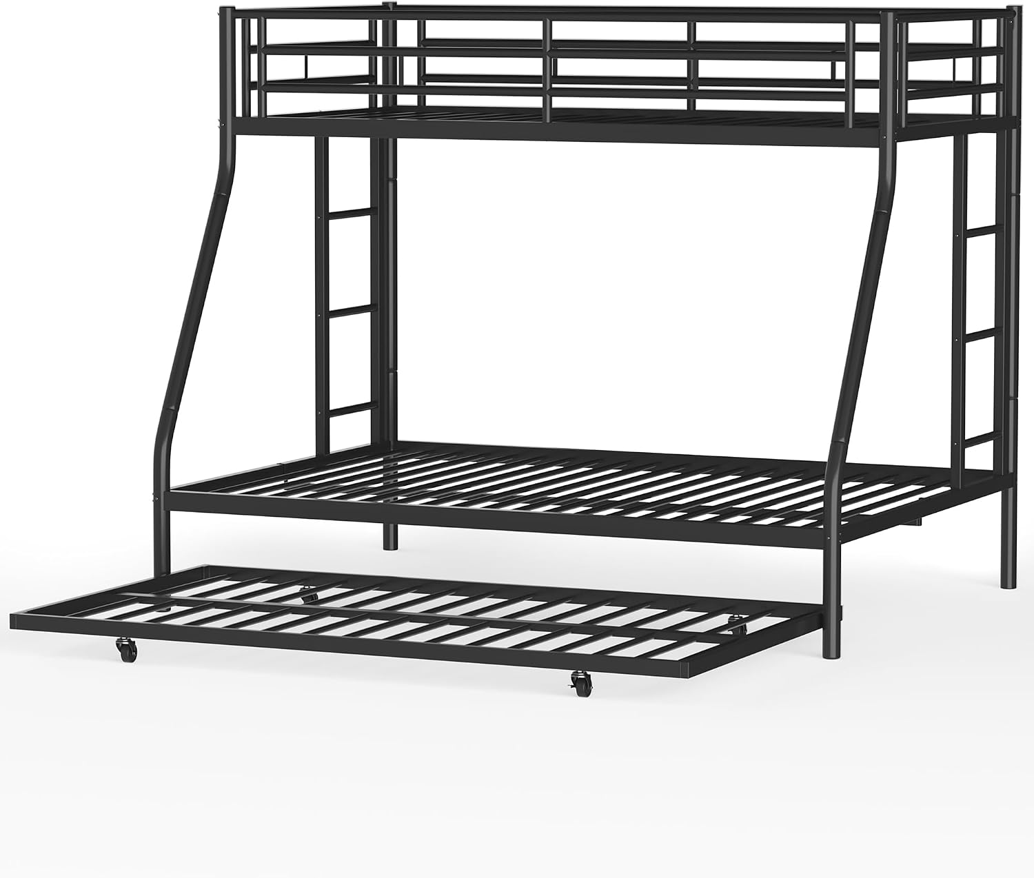 Shintenchi Bunk Bed Twin Over Full Size with Trundle, Heavy-Duty Twin&Full Frame with Full-Length Guardrail and Two Ladders, Triple for Kids, Teens and Adults, Space-Saving, Black