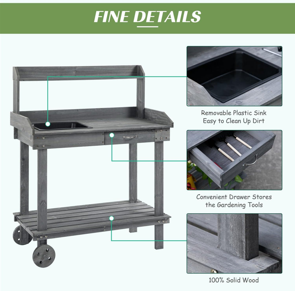 36' Wooden Potting Bench Work Table with 2 Removable Wheels, Sink, Drawer & Large Storage Spaces, Gray