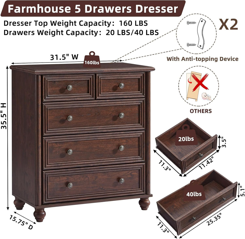 RWYHG Farmhouse 5 Drawer Dresser for Bedroom, 35.5' Walnut Tall Small Dressers & Chest of Drawers, Rustic Wood Dresser with Roman Column, Storage Organizer for Living Room, Hallway, Closet