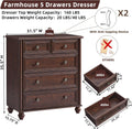 RWYHG Farmhouse 5 Drawer Dresser for Bedroom, 35.5' Walnut Tall Small Dressers & Chest of Drawers, Rustic Wood Dresser with Roman Column, Storage Organizer for Living Room, Hallway, Closet