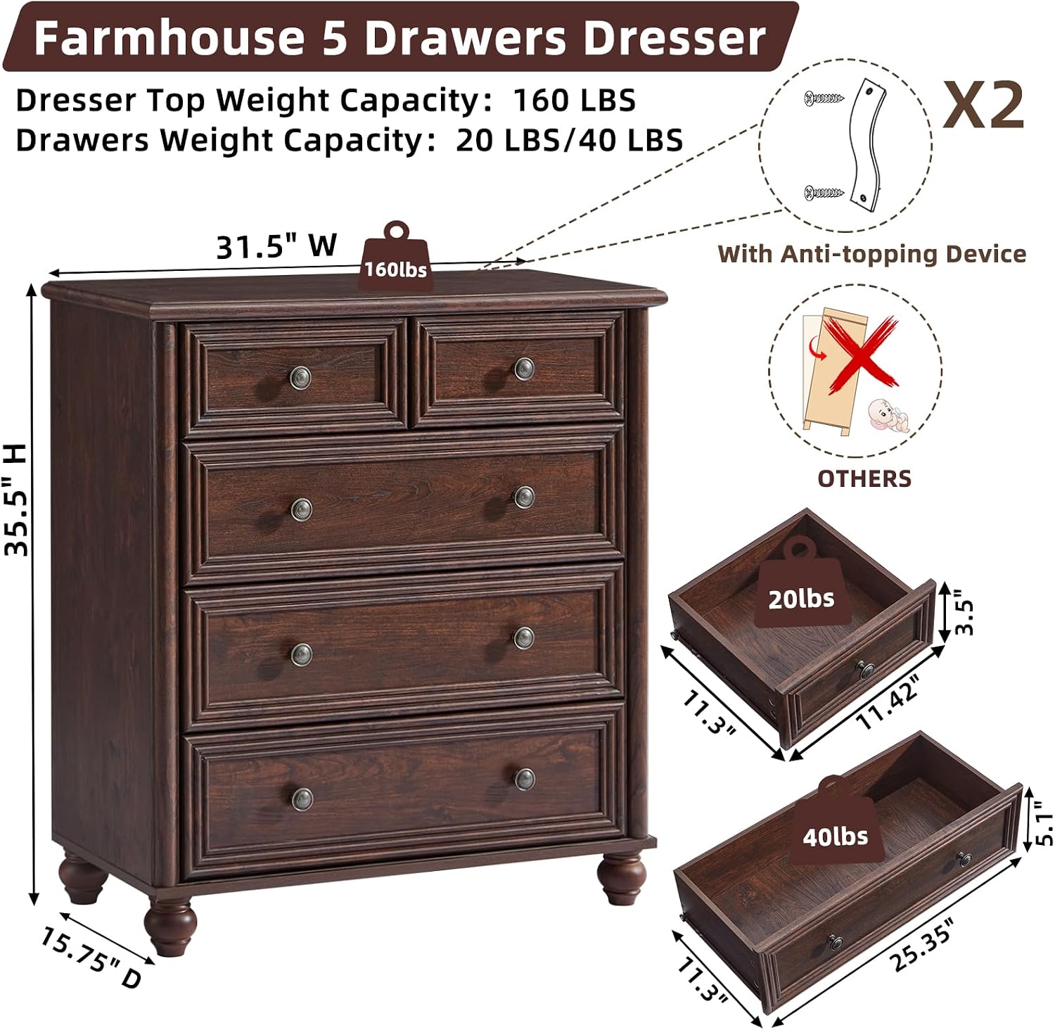 RWYHG Farmhouse 5 Drawer Dresser for Bedroom, 35.5' Walnut Tall Small Dressers & Chest of Drawers, Rustic Wood Dresser with Roman Column, Storage Organizer for Living Room, Hallway, Closet