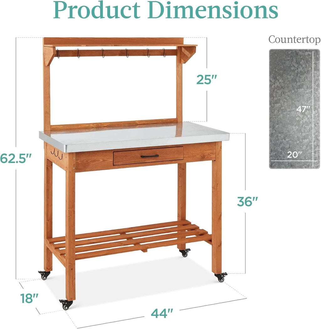 Best Choice Products Mobile Outdoor Table and Storage Cabinet w/Grill Accessory Hooks, 4 Locking Wheels, Stainless Steel Top for Patio Kitchen Island or Bar Cart - Medium Stained Brown
