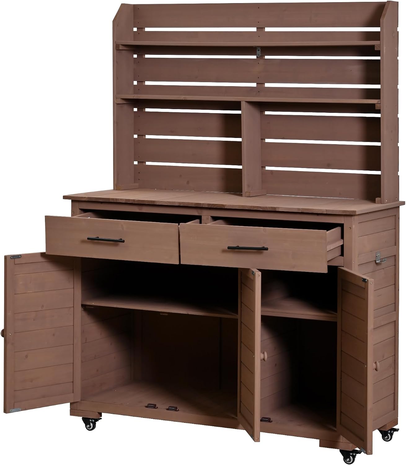 65''H Large Garden Potting Bench with Lockable Wheels and Storage,Wood Outdoor Kitchen Island Prep Cart with Hutch Top,Drawers and Removal Shelves for Grilling (Brown-LG)