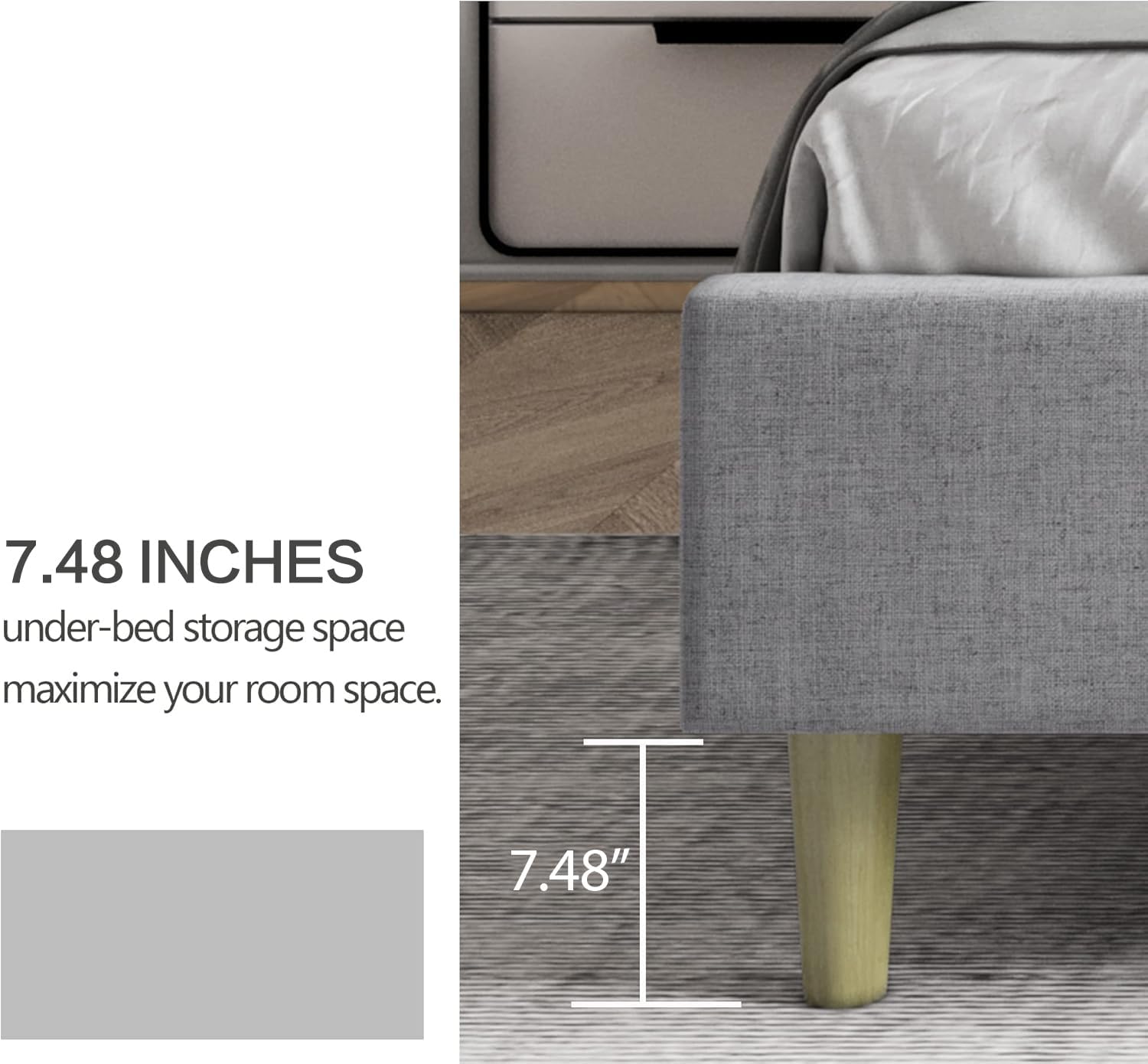 King Size Bed Frame with Headboard, Modern Upholstered Linen Platform Bed, Heavy Duty Wooden Slats Support, No Box Spring Needed, Noise-Free & Easy Assembly, Light Grey