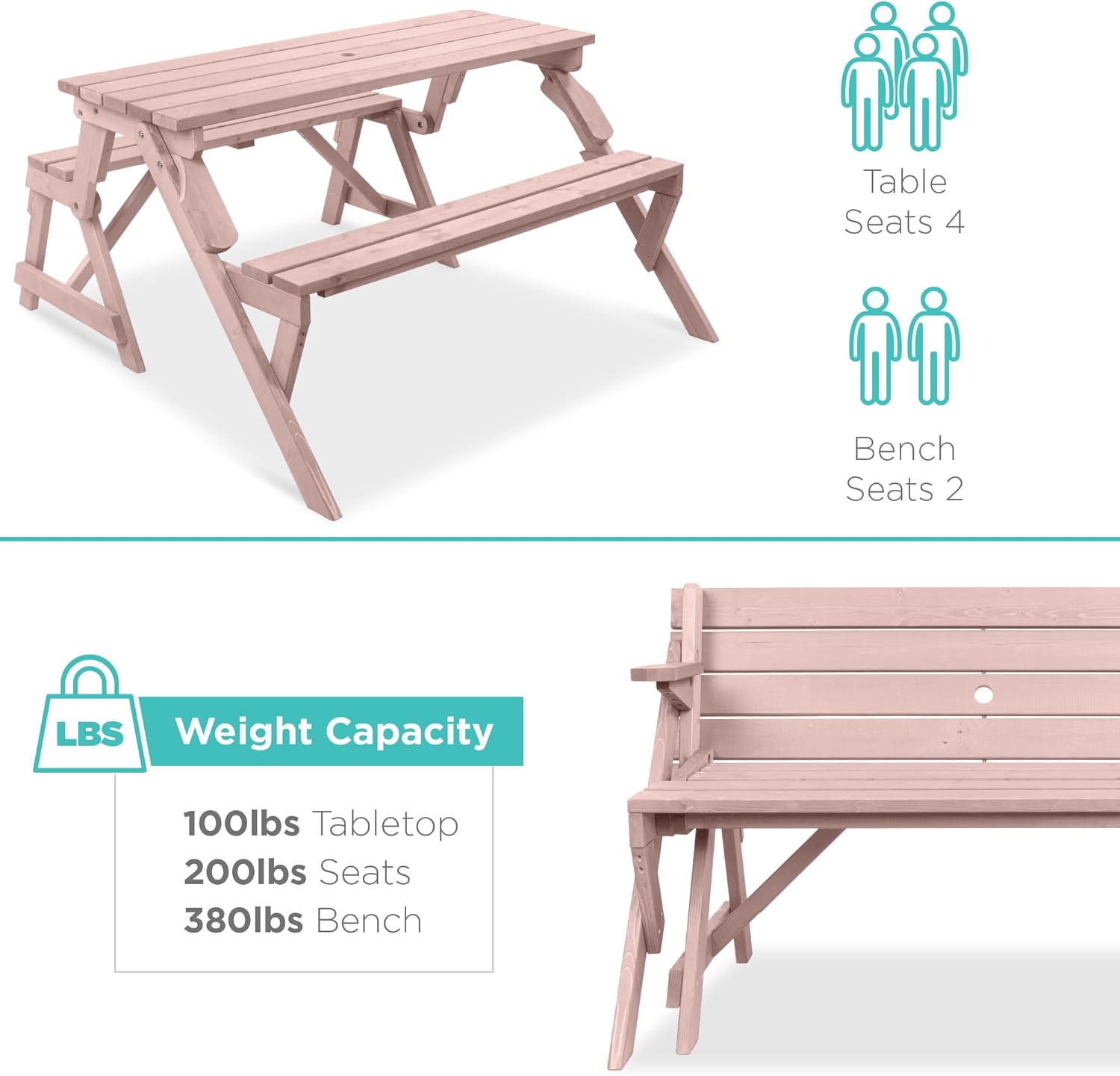 Best Choice Products 2-in-1 Transforming Interchangeable Outdoor Wooden Picnic Table Garden Bench for Backyard, Porch, Patio, Deck w/Umbrella Hole - Pink