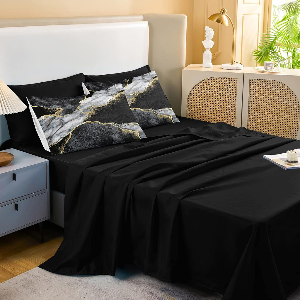 Merryword Black Marble Comforter Set California King 8 Pieces Bed in a Bag Gold Metallic Marble Design Bedding with 1 Comforter, 4 Pillowcase, 1 Flat Sheet, 1 Fitted Sheet, 1 Cushion Cover