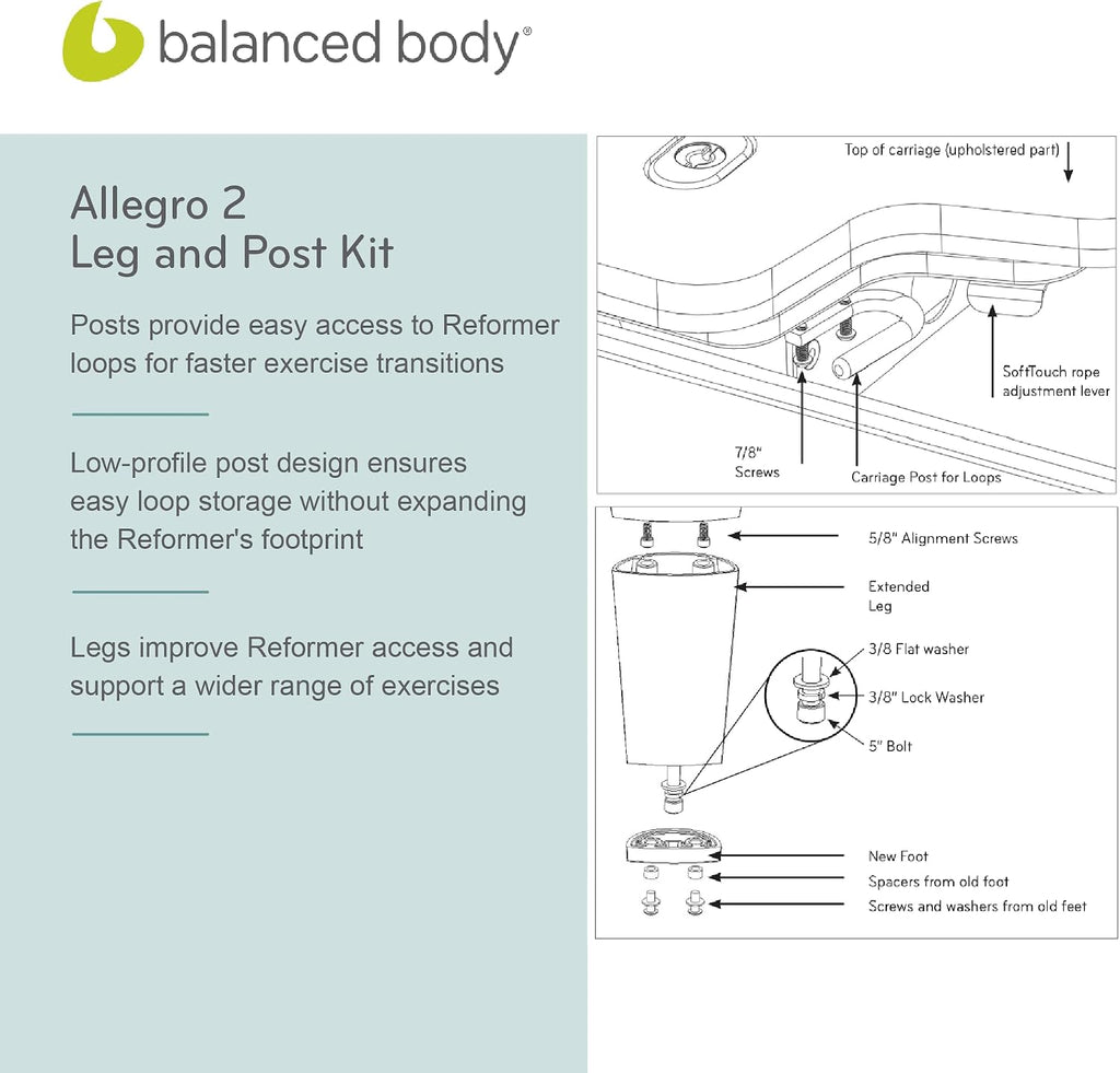 Balanced Body Allegro 2 Leg and Post Kit, Pilates Reformer Accessories, Workout Equipment for Home or Pilates Studio Use