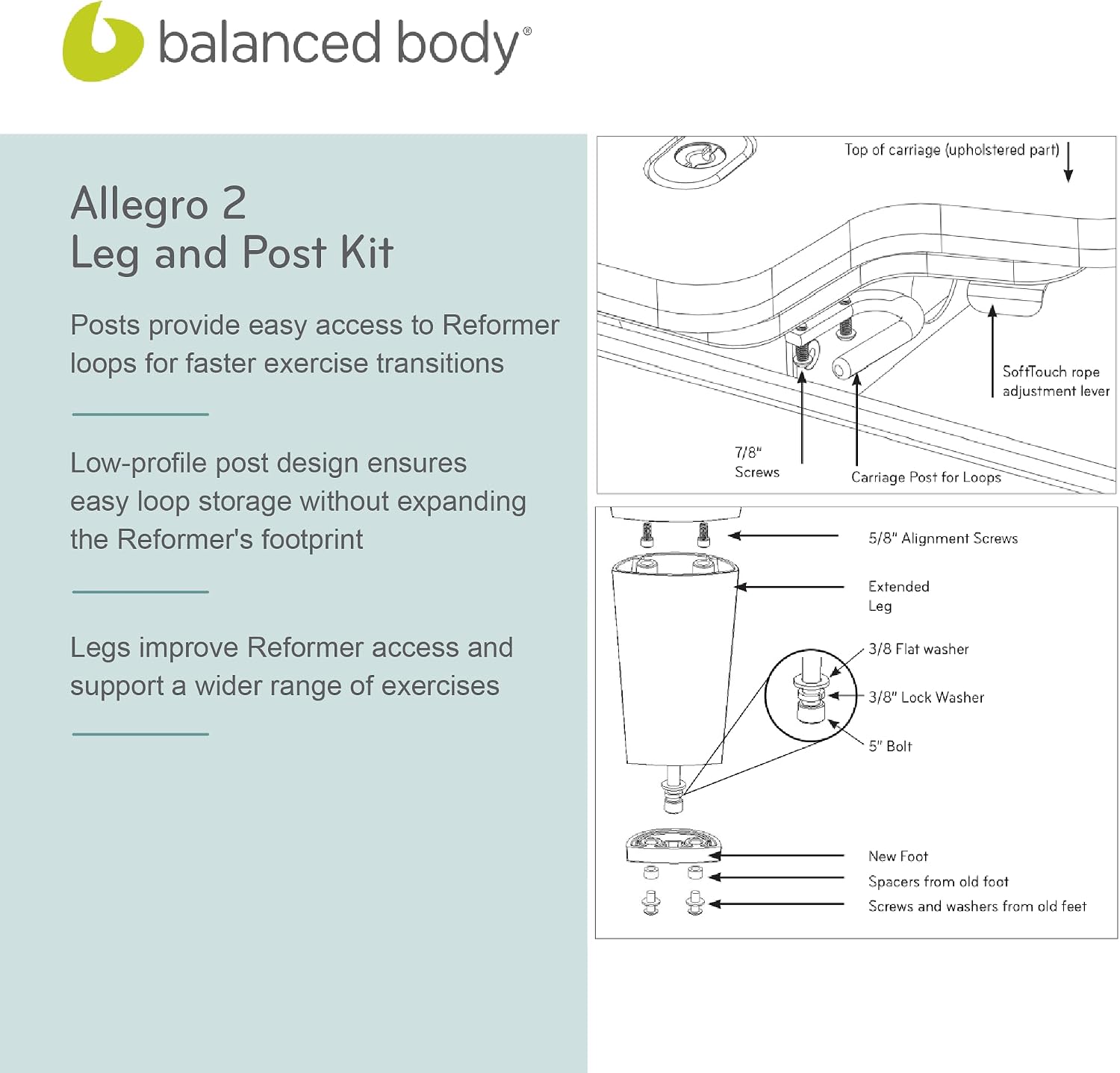 Balanced Body Allegro 2 Leg and Post Kit, Pilates Reformer Accessories, Workout Equipment for Home or Pilates Studio Use