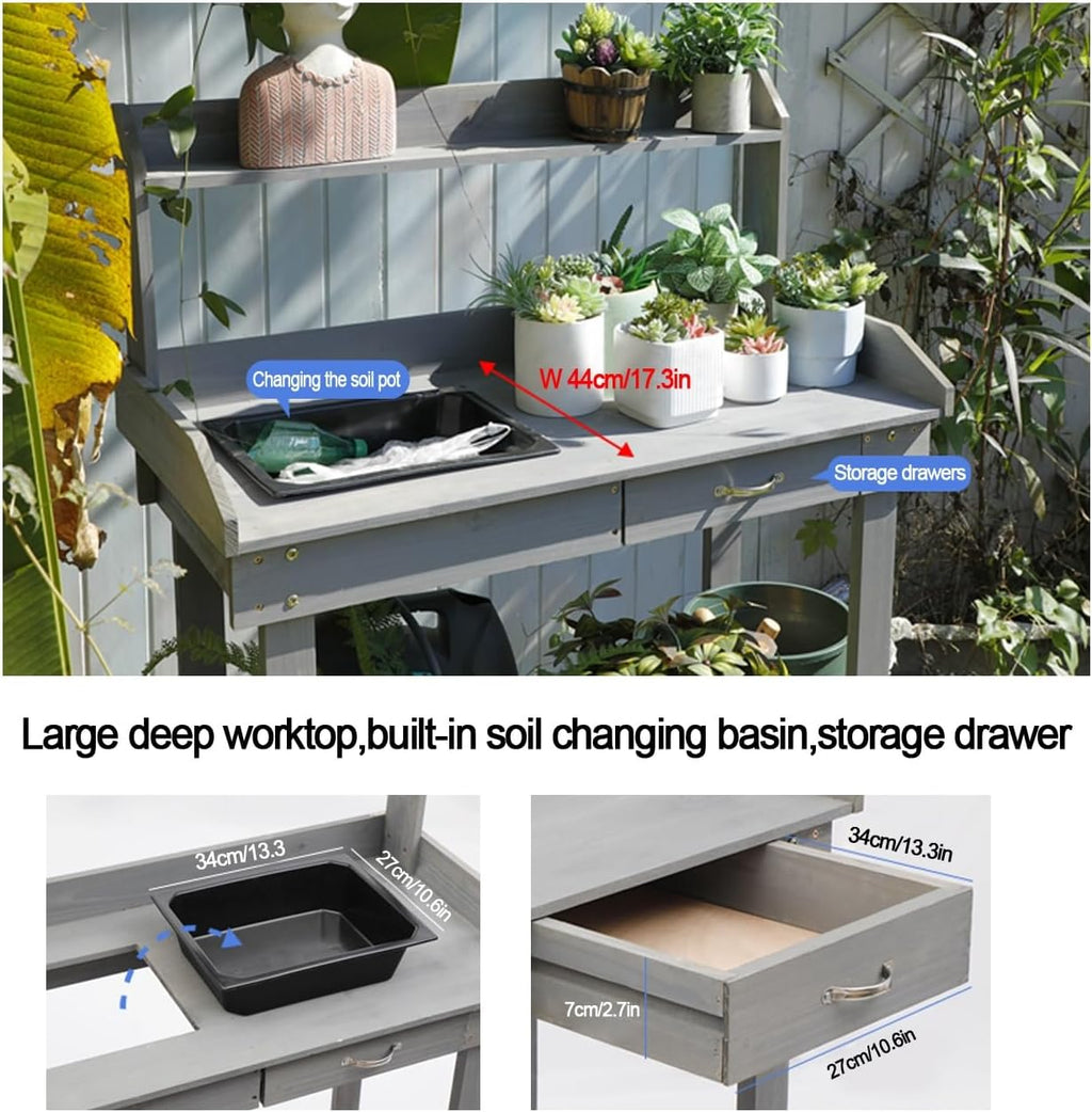 Outdoor Potting Bench Table,Potting Bench Table,Wooden Gardening Plant Workstation,w/Wheels and Drawer Open Shelf,for Outside Patio Lawn Garden,