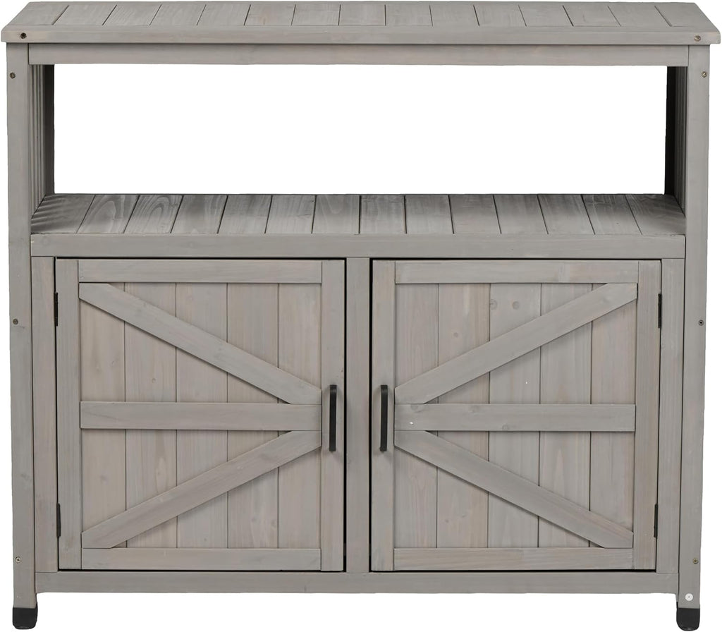 48' Potting Bench with Storage Cabinet, Solid Wood Garden Work Bench, Outdoor Prep Table & Potting Station for Patio, Backyard & BBQ, Grey