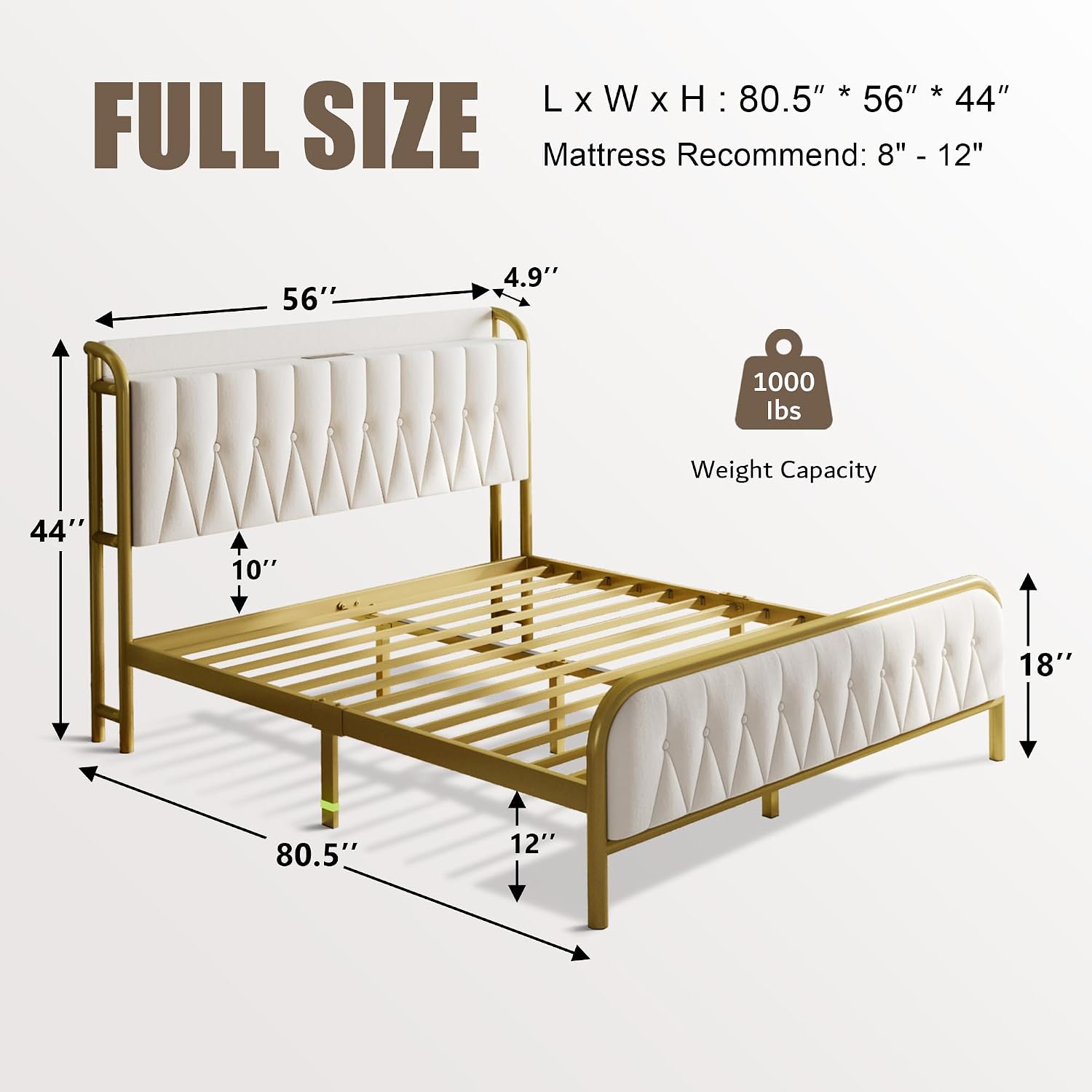 Einhomn Full Size Velvet Bed Frame with Charging Station, Platform Bed with Upholstered Storage Headboard & Footboard, 12' Underbed Space, Noise-Free, Easy Assembly, No Box Spring Needed, Beige