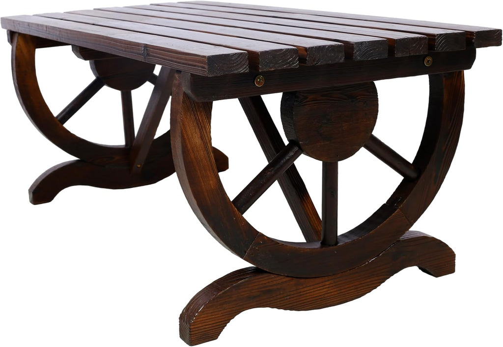 2 People Modern Outdoor Rustic Wooden Bench with Wagon Wheel Legs, Brown Garden Chair Front Porch Furniture, for Park, Yard, Lawn