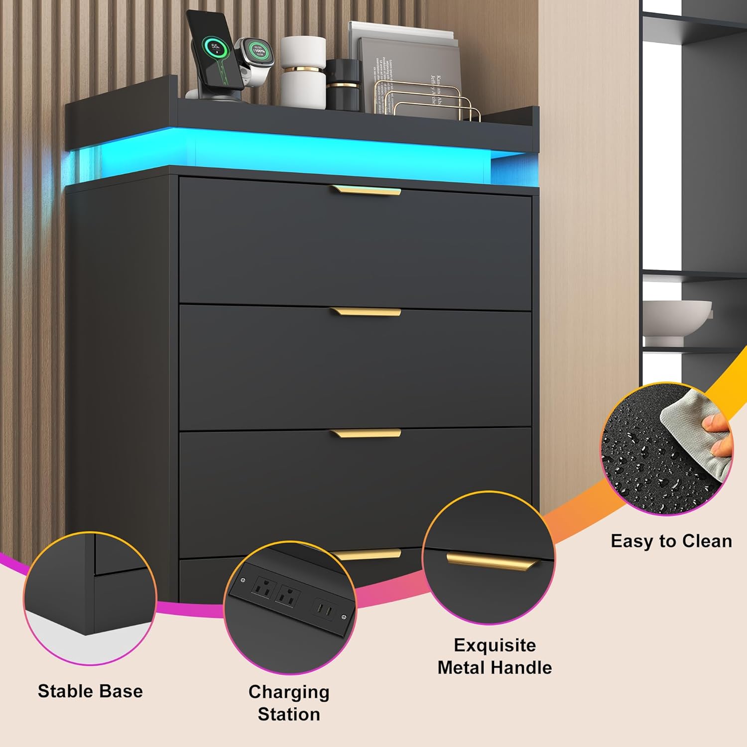 knoworld Black Dresser with LED Lights, Wooden LED Dresser, 4 Drawer Chest with Charging Station, Tall Chest of Drawer Closet Organizer for Bedroom, Living Room, Entryway, Hallway