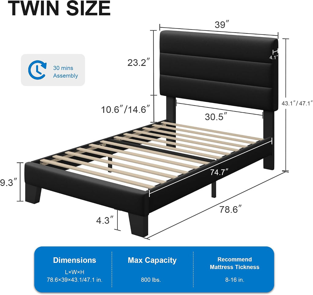 GOLDORO Twin Size Platform Bed Frame with Upholstered Headboard, Wooden Slats Support, No Box Spring Needed, Easy Assembly, Black