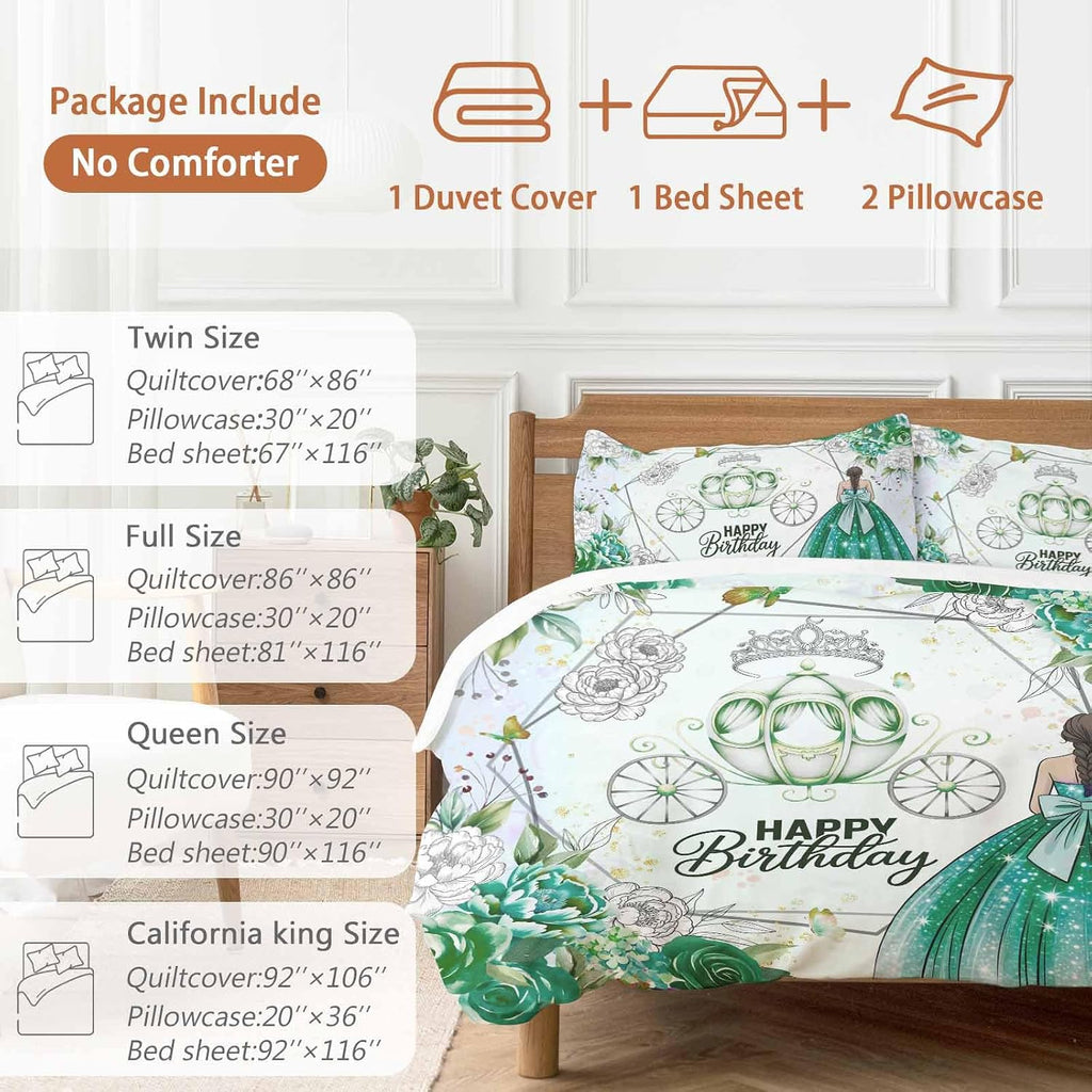 Happy Birthday Duvet Cover Set, Green Dress Crown Carriage Flowers Butterfly Soft Duvet Cover Full Size Bedding Set 4 Pieces, 1 Quiltcover and 2 Pillowcases with Zipper, 1 Bed Sheet for All Seasons