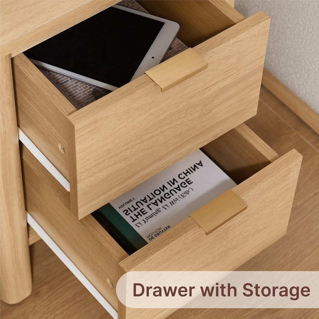 A Complete Set of Full-Size Furniture, Featuring A Wooden Bed Frame with Two Bedside Tables, Suitable for A Bedroom.(Oat)