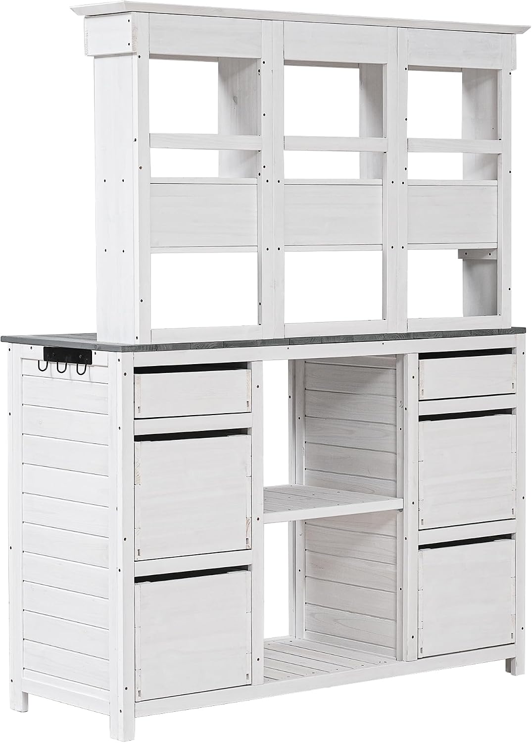 Rustic 50''W Garden Potting Bench Table with 3 Tiers Shelf and Ample Drawers, Large Gardening Workstation with Fir Wood Frame for Outdoor Space, White+gray