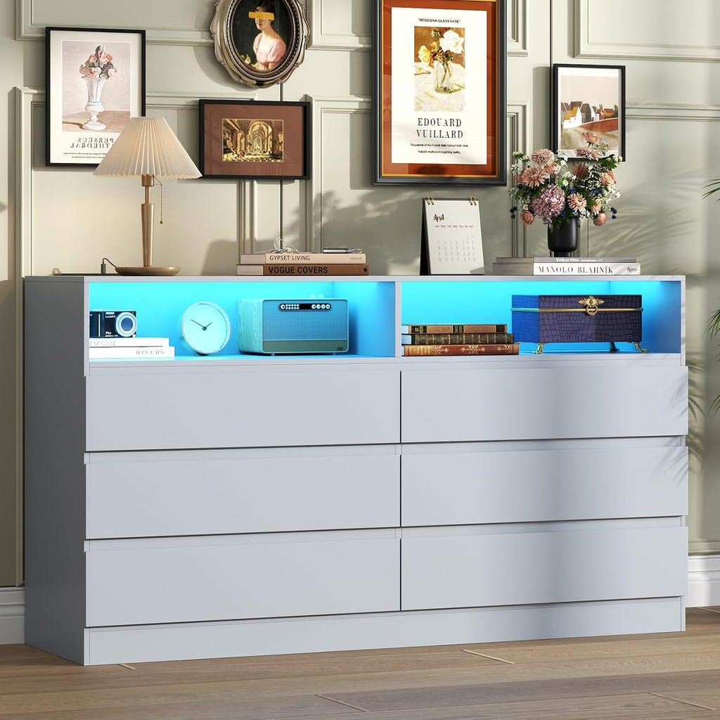 Gyfimoie 6 Drawer Dresser with Power Outlet, Modern Black Dresser Chest of Drawers with LED Ligh, Wooden Dressers TV Stand, Double Wide Dressers Organizer for Bedroom, Living Room, Entryway, Grey
