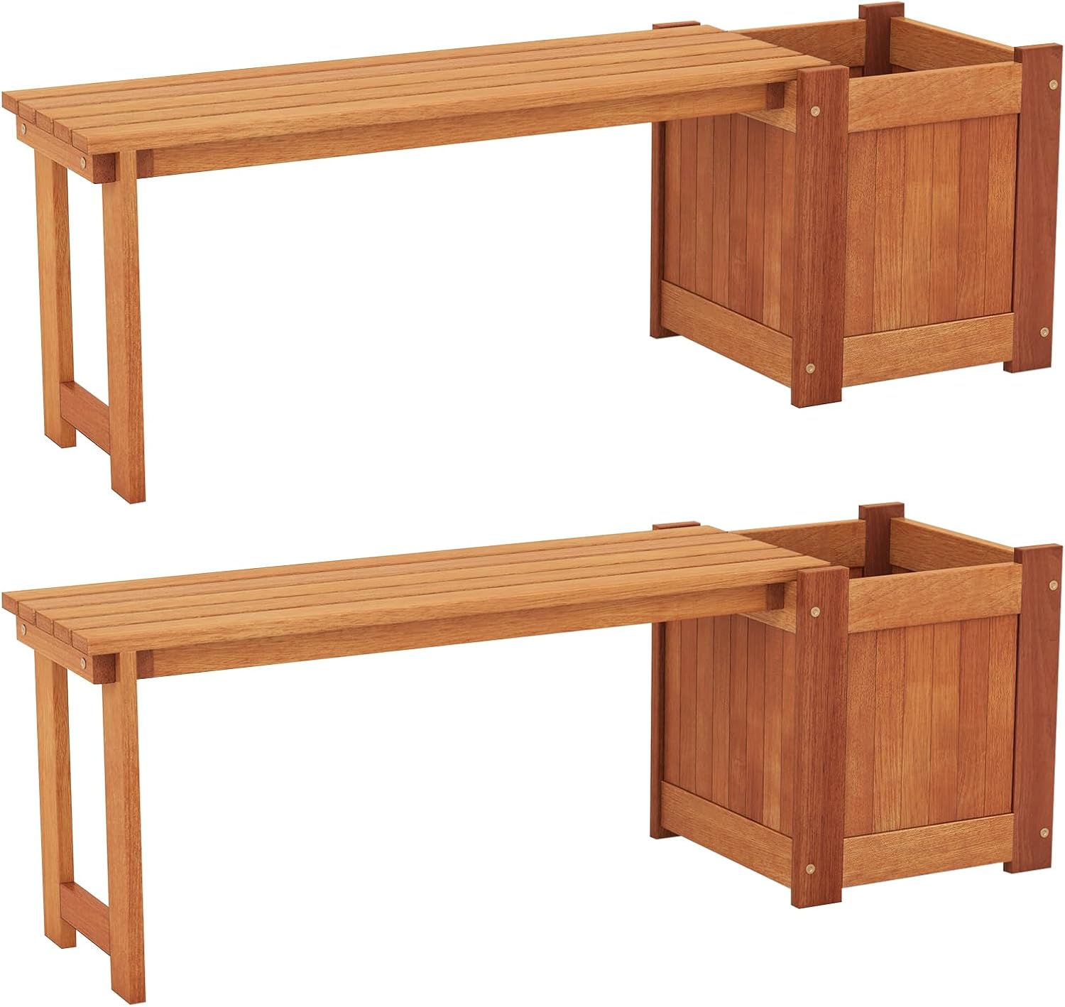 2 Benches with Planter Boxes, 2 in 1 Wooden Flower Box Kit with Seat, Open-Ended Base & Slotted Construction, Outdoor Plant Container for Garden, Yard, Balcony (Natural)