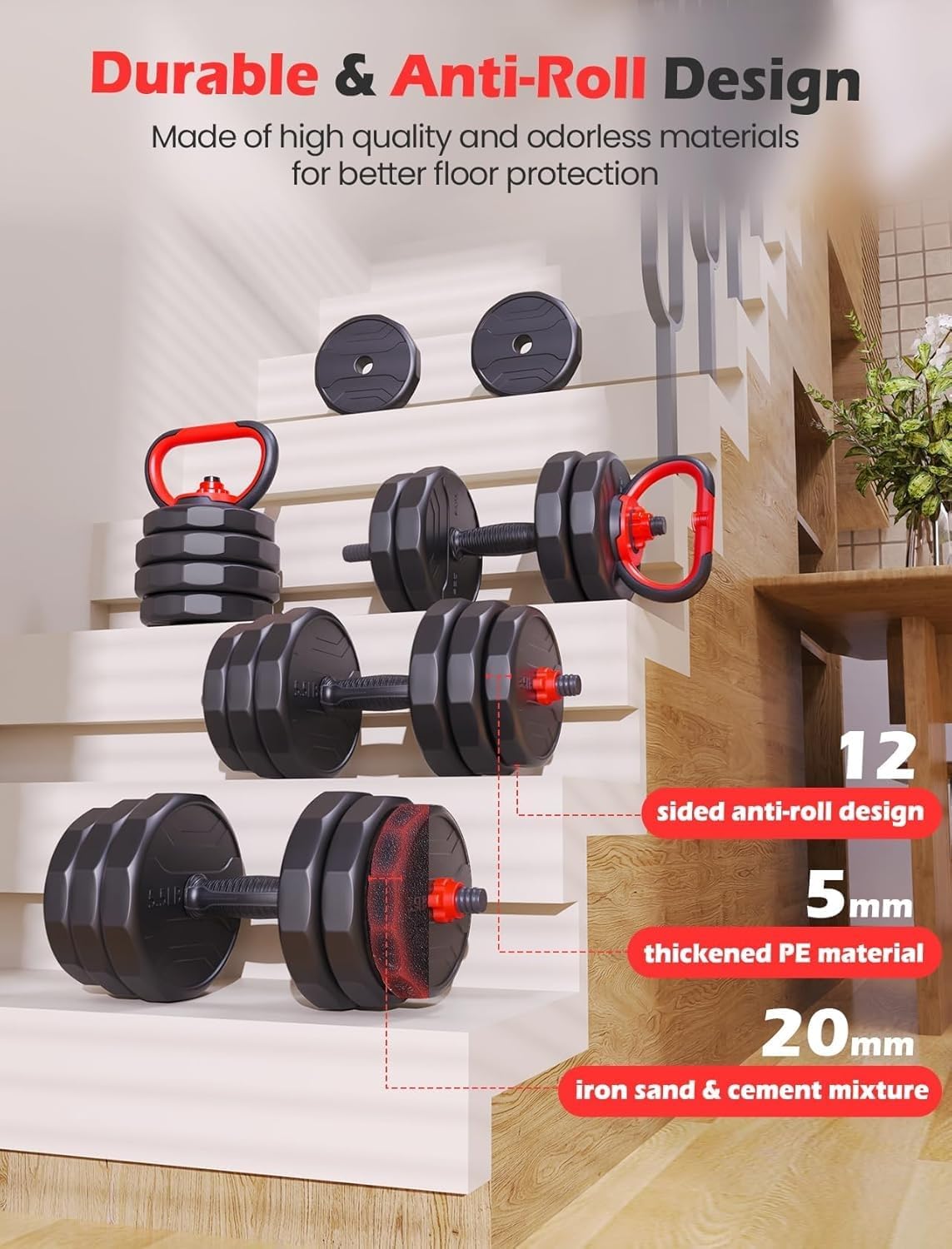 UKEEP Adjustable Dumbbells Set, 20/30/40/55/60/80lbs Free Weight Set with Connector, 2 or 3 in 1 Dumbbells Set Used as Barbell, Kettlebells, Fitness Exercises for Home Gym Suitable Men/Women