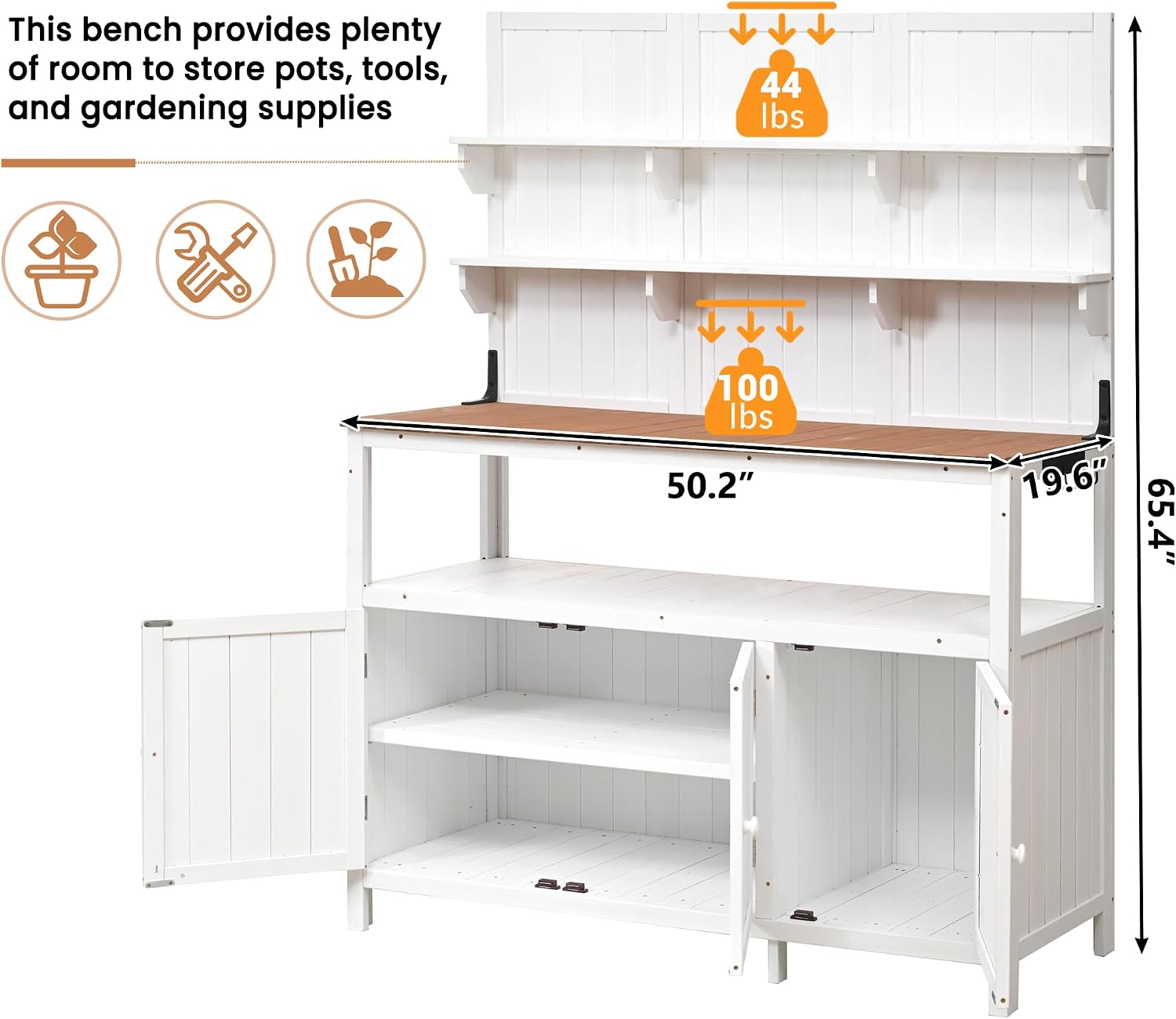 Merax Potting Bench,50.2' W Solid Fir Wood Garden Workstation, Large Countertop, 2 Shelves, 2 Cabinets, 3 Side Hooks, Outdoor Planting Table for Gardening, White