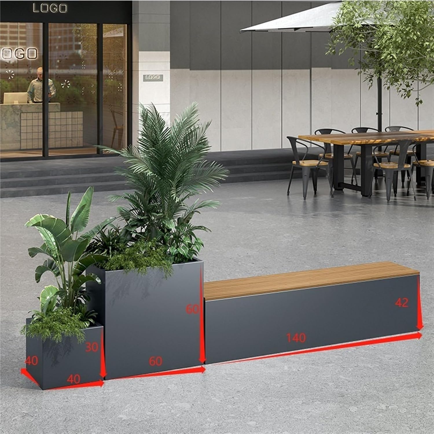 Bench with Planter Box, Outdoor Stainless Steel Raised Garden Bed with Bench DIY Assembly Weather-Resistant Planter Boxes for Flowers Fruit Vegetable Garden Bench(L240cm*D40cm*H60cm)