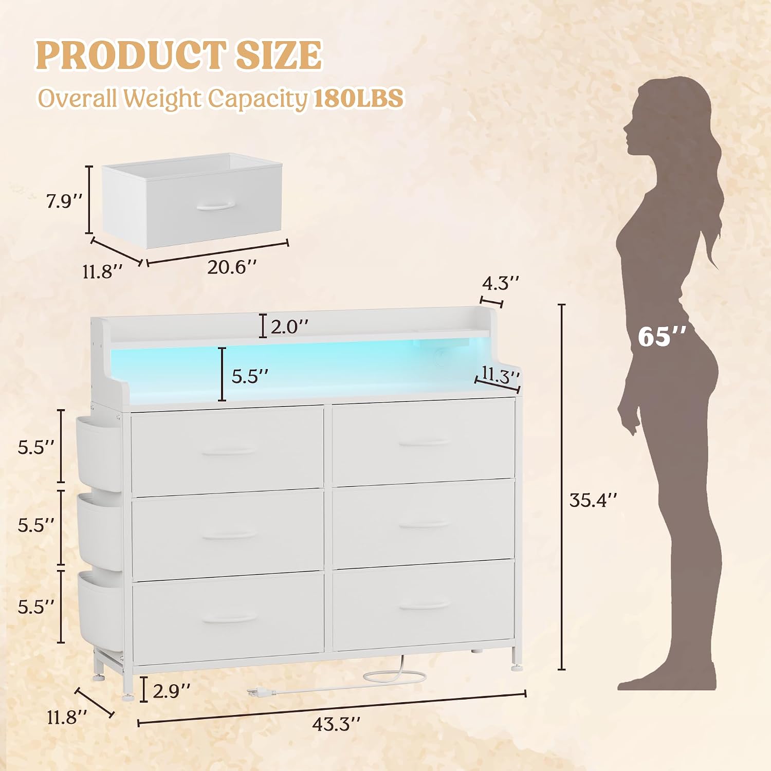 Lulive White Dresser for Bedroom 6 Drawers - Fabric Dressers for Bedroom with LED Light & Charging Station - Adults Chest of Drawers for Living Room Hallway Closet (White)