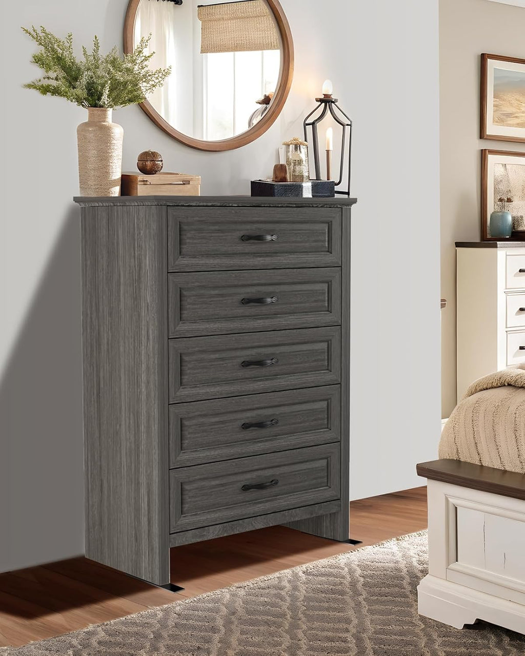 Pipishell Grey 5 Drawers Dresser Chests for Bedroom, 42.7 Inch Tall Wooden Dresser, Farmhouse Storgae Organizer with Large Drawers & Bar Handles for Bedroom, Entryway, Hallway, Grey
