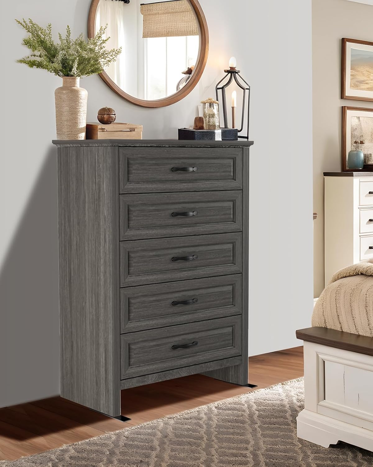Pipishell Grey 5 Drawers Dresser Chests for Bedroom, 42.7 Inch Tall Wooden Dresser, Farmhouse Storgae Organizer with Large Drawers & Bar Handles for Bedroom, Entryway, Hallway, Grey