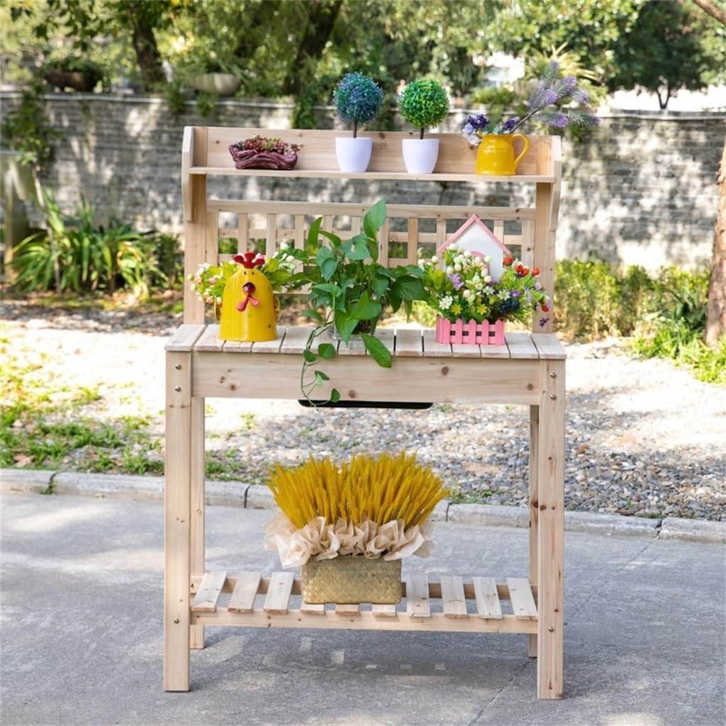 Outdoor Potting Bench W/Sliding Tabletop,Storage Shelf and Dry Sink,Wooden Workstation for Greenhouse,Garden,Patio(E)