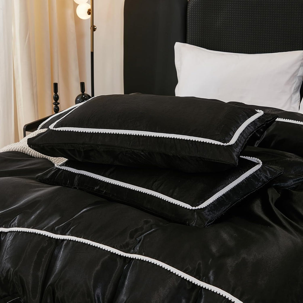 Herside Black Satin Comforter Set 7 Pieces King Size Bed in a Bag Luxurious Satin Bedding Set with Comforter Pillowcases and Sheets Sets Mini Pompoms Design Super Soft Silky Bed Set for All Seasons