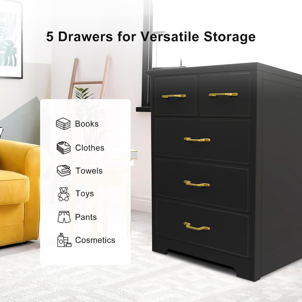 NEDYO 5 Drawer Dresser, Modern Tall Drawer Chest, Wooden Storage Organizer Cabinet for Bedroom, Living Room, Hallway, Entryway, Office. Black