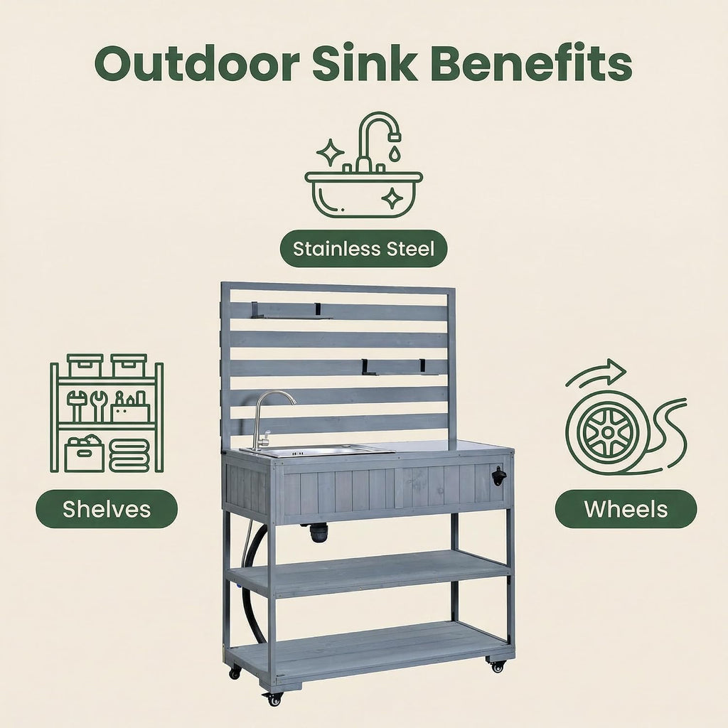 Outdoor Grill Table with Stainless Steel Sink, Outdoor Sink Station, 41.7' Rolling Kitchen Island Cart, Solid Wood Potting Table, 2 Shelves (Gray)