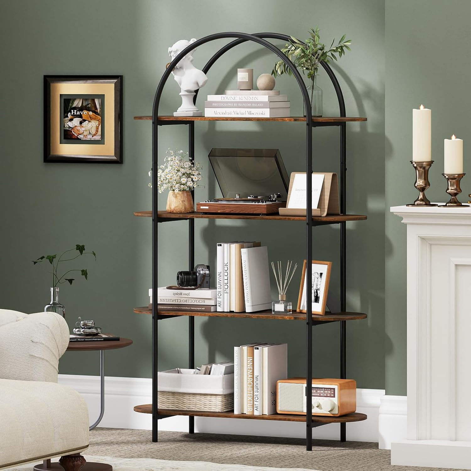 Giantex Arched Bookshelves Set of 2, 4-Tier Industrial Open Bookcase with Sturdy Metal Frame, Freestanding Display Storage Organizer for Living Room, Home Office and Bedroom, Rustic Brown