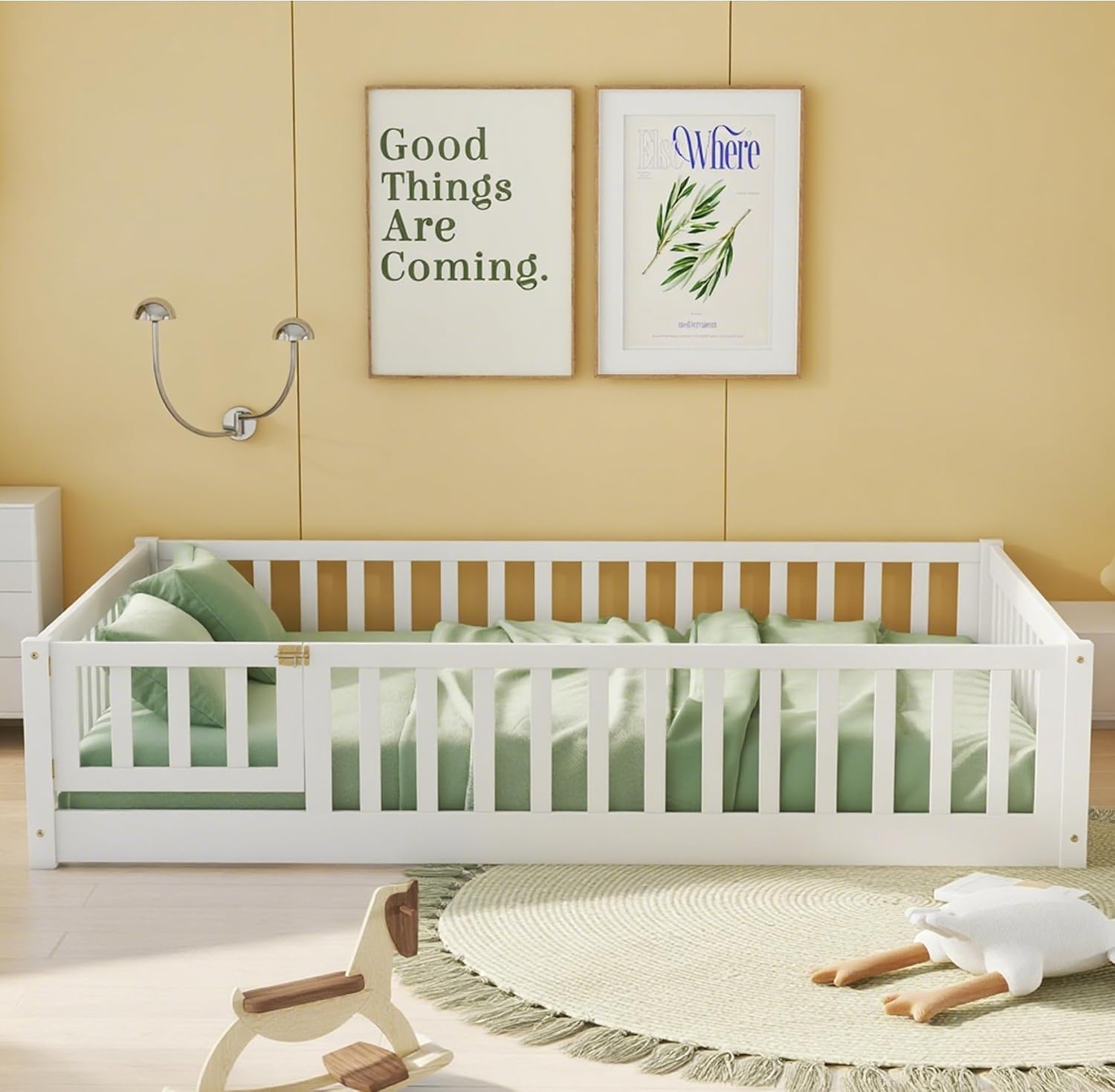 Full Size Floor Bed with Door and Fence for Kids, Montessori Floor Bed with Slats and Safety Guardrails,Solid Wood Full Bed Frame for Girls Boys(Full,White)