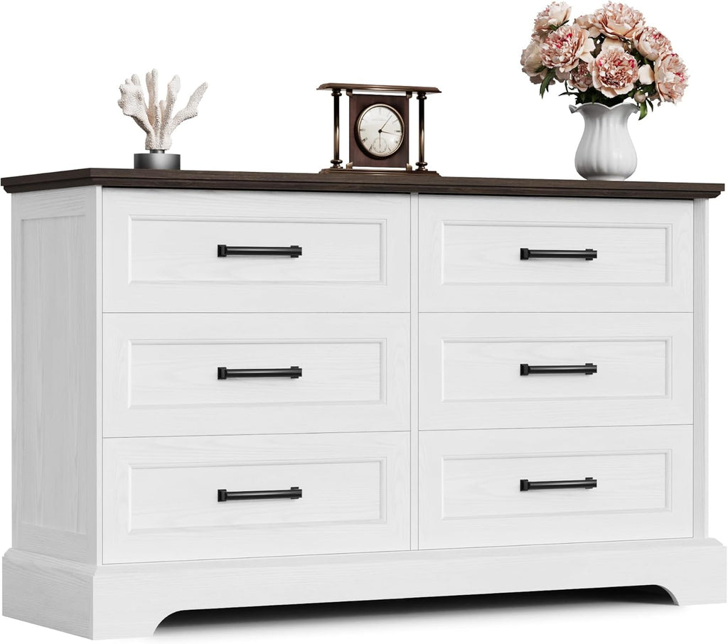 Furmax Farmhouse Dresser for Bedroom, 6 Drawers Dresser, Wood Chest of Drawers, 47.2' Wide Storage Dressers Organizer for Bedroom, Living Room, White and Brown