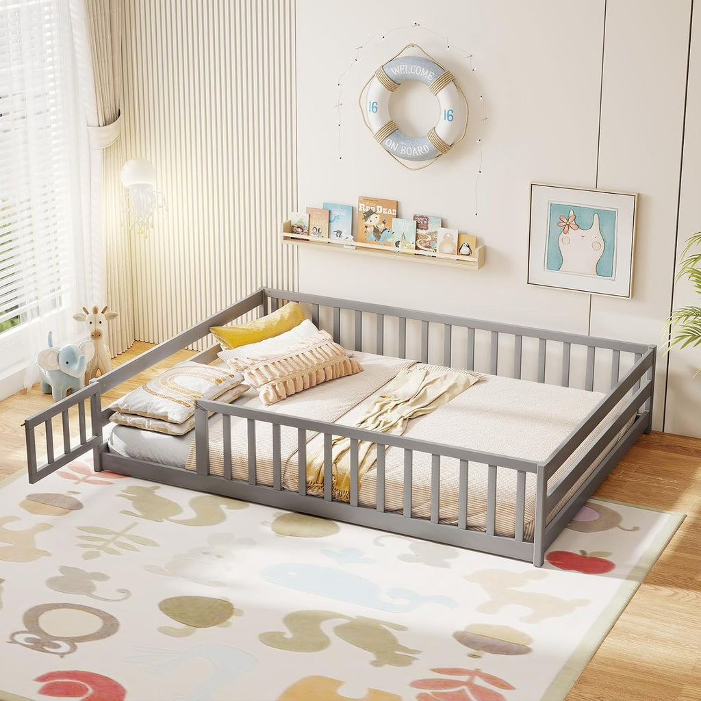 KOMFOTT Full Size Wood Floor Bed with Door & Fence, Montessori Bed Frame with Full Length Safety Guardrails, Door & Latch, Wooden Montessori Floor Bed for Kids, Girls, Boys (Full,Grey)